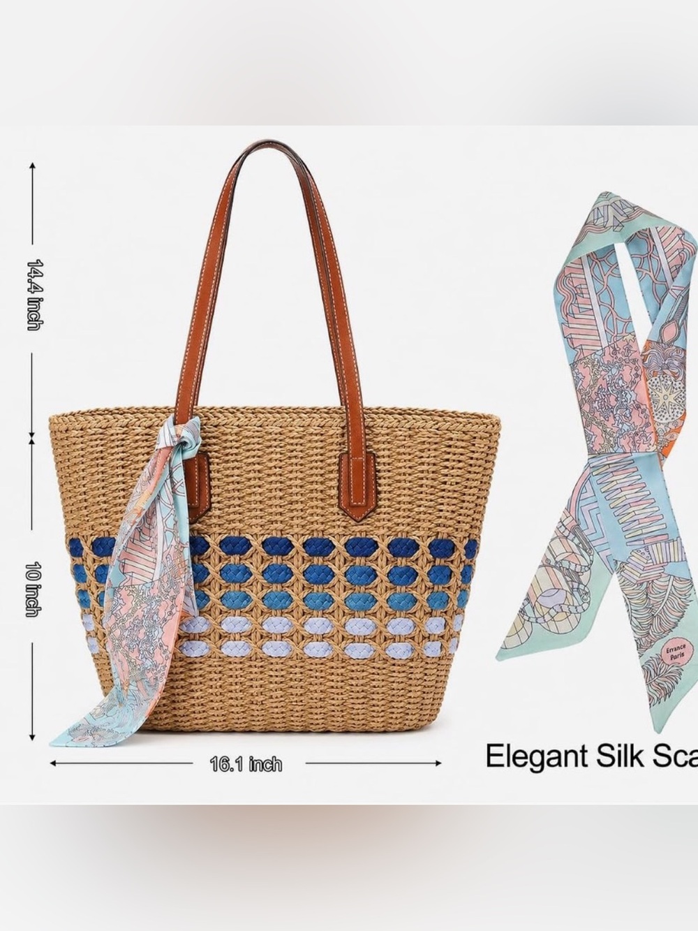 Woven Straw Tote Bag with Blue Accent Stripes Bohemian Beach Shoulder Handbag - Picture 2 of 5